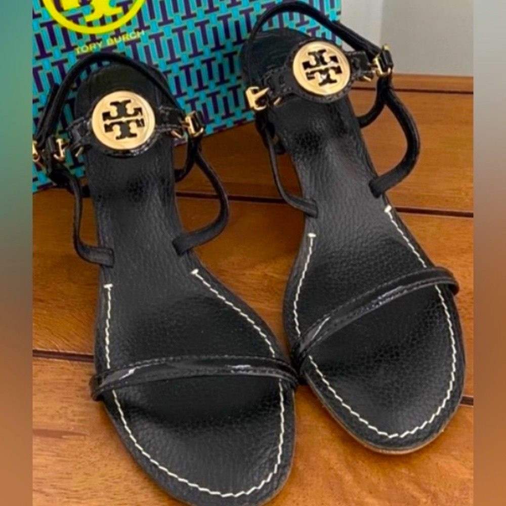Tory Burch Black Sandals with Gold Logo